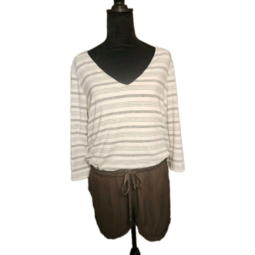Elevenses Anthropologie Striped With Olive Shorts Romper Jumpsuit Medium Comfort